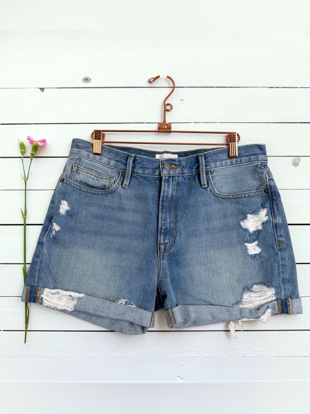FRAME Le Beau Denim Shorts Elsey Rips Distressed Cuffed High Rise Size 27